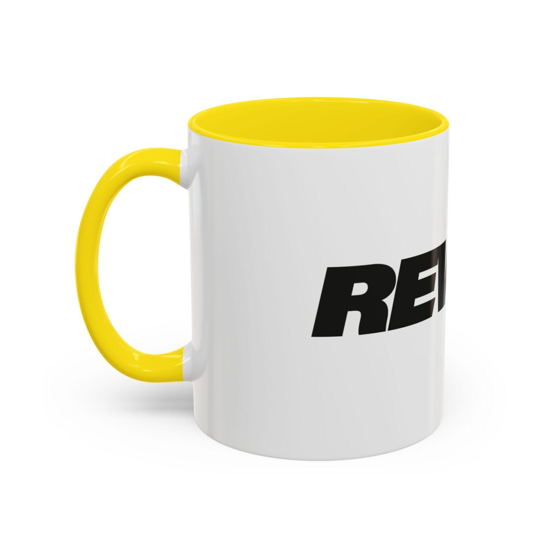 Bold 'REWORK' Accent Coffee Mug — Black-Trim Ceramic Mug (11/15oz) – Bild 24