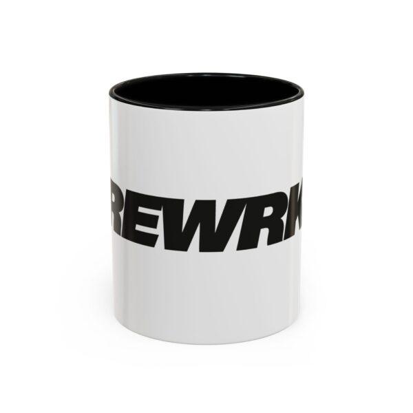Bold 'REWORK' Accent Coffee Mug — Black-Trim Ceramic Mug (11/15oz)