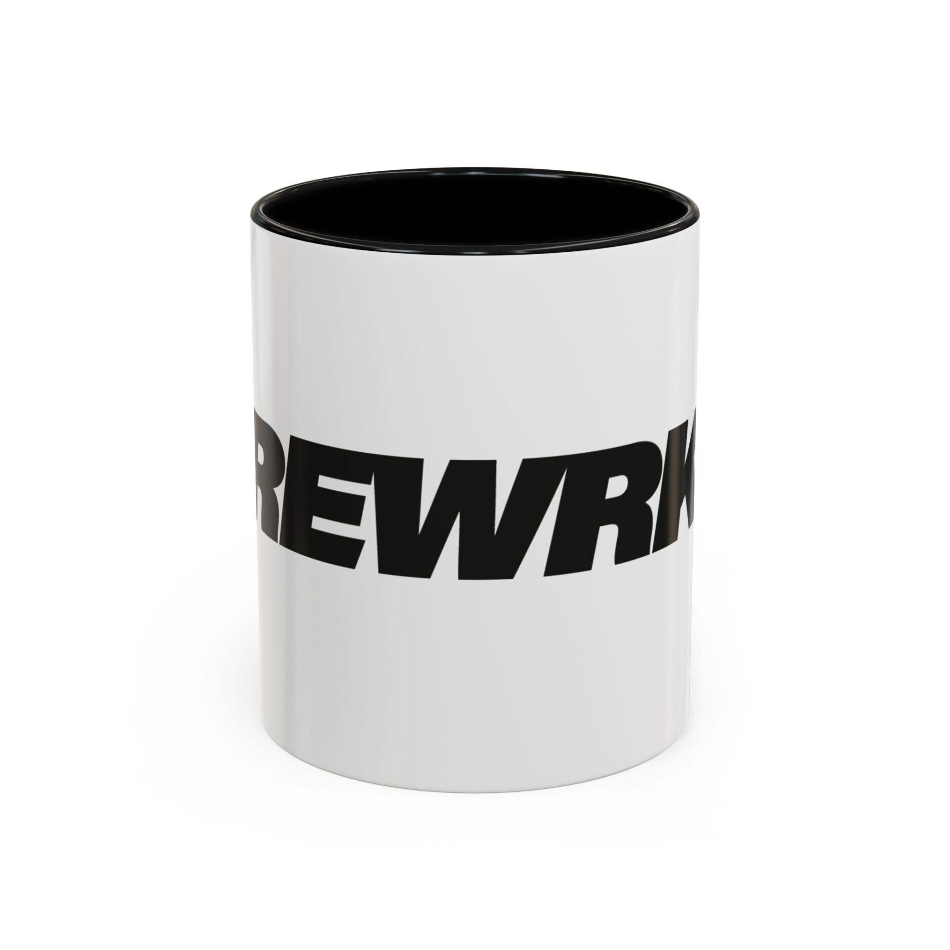 Bold 'REWORK' Accent Coffee Mug — Black-Trim Ceramic Mug (11/15oz)